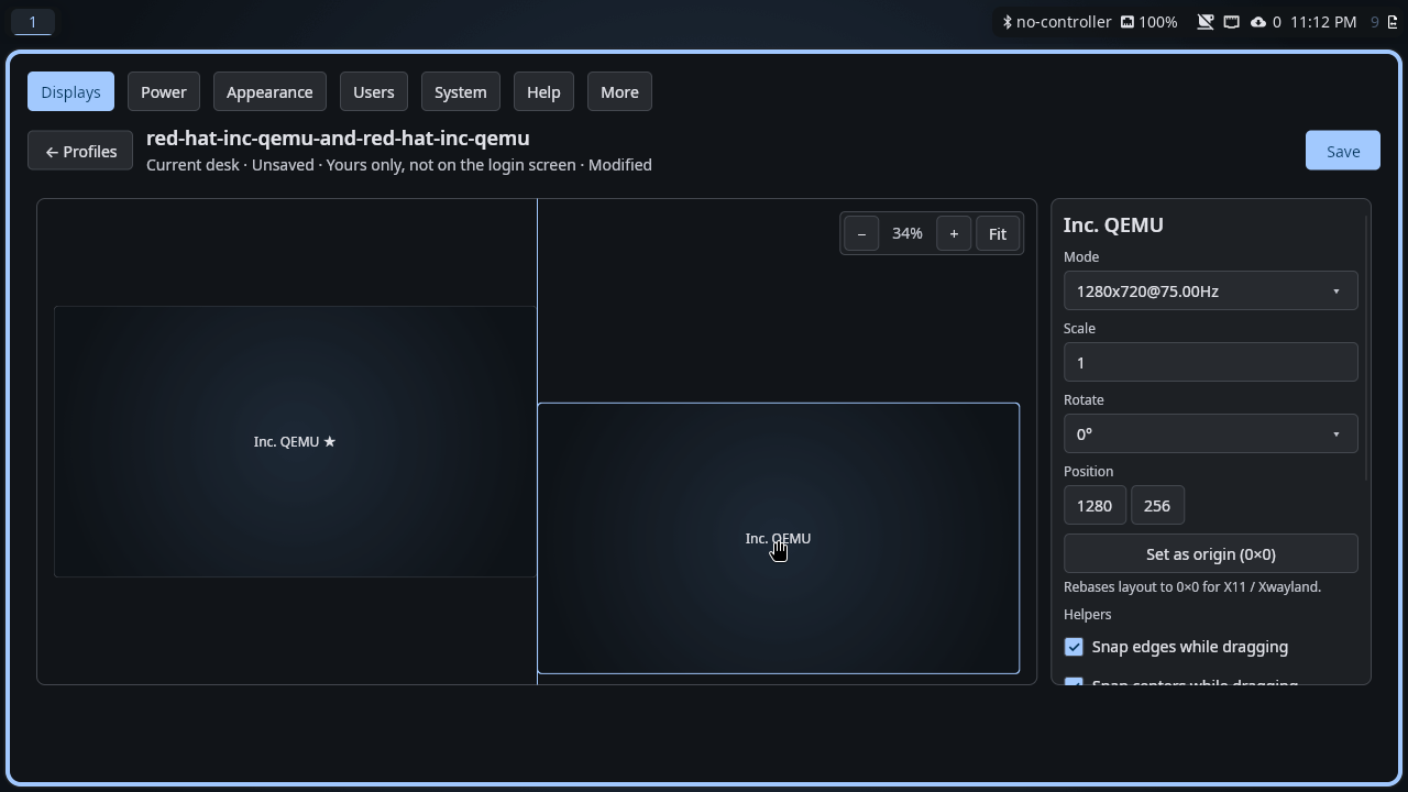 The dials Displays page: two monitors dragged into a new arrangement, then the page flips between dark and light.
