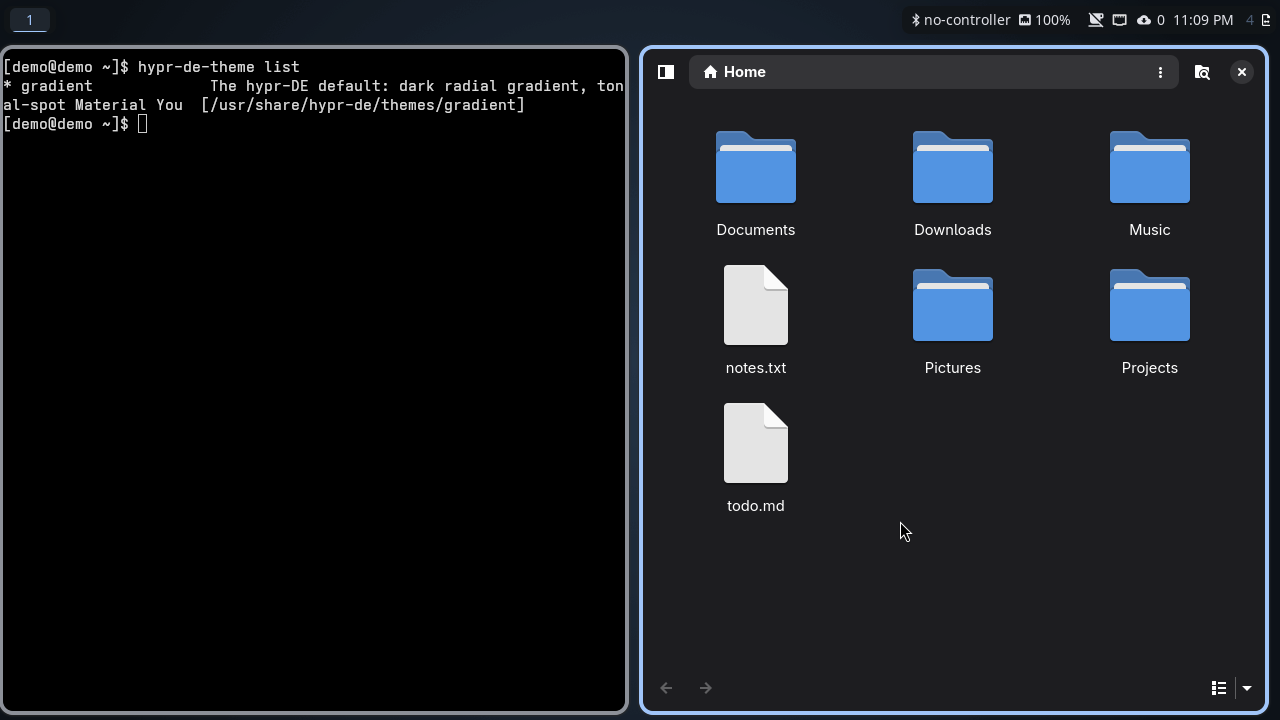 The hypr-DE desktop: a terminal, a launcher opening a file manager, a workspace switch, and a live light and dark theme toggle.